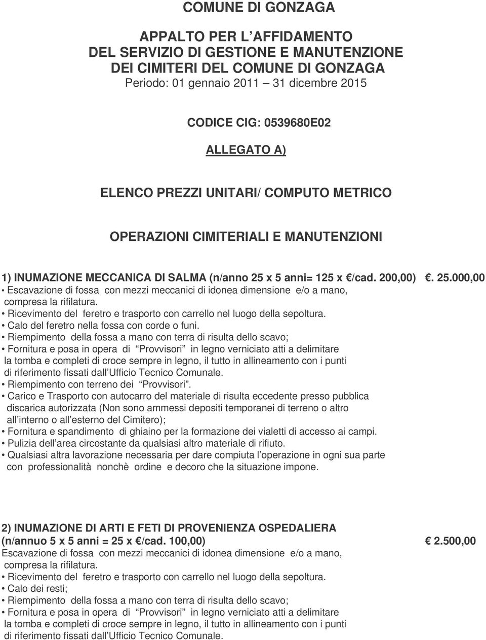 x 5 anni= 125 x /cad. 200,00). 25.000,00 Escavazione di fossa con mezzi meccanici di idonea dimensione e/o a mano, compresa la rifilatura.