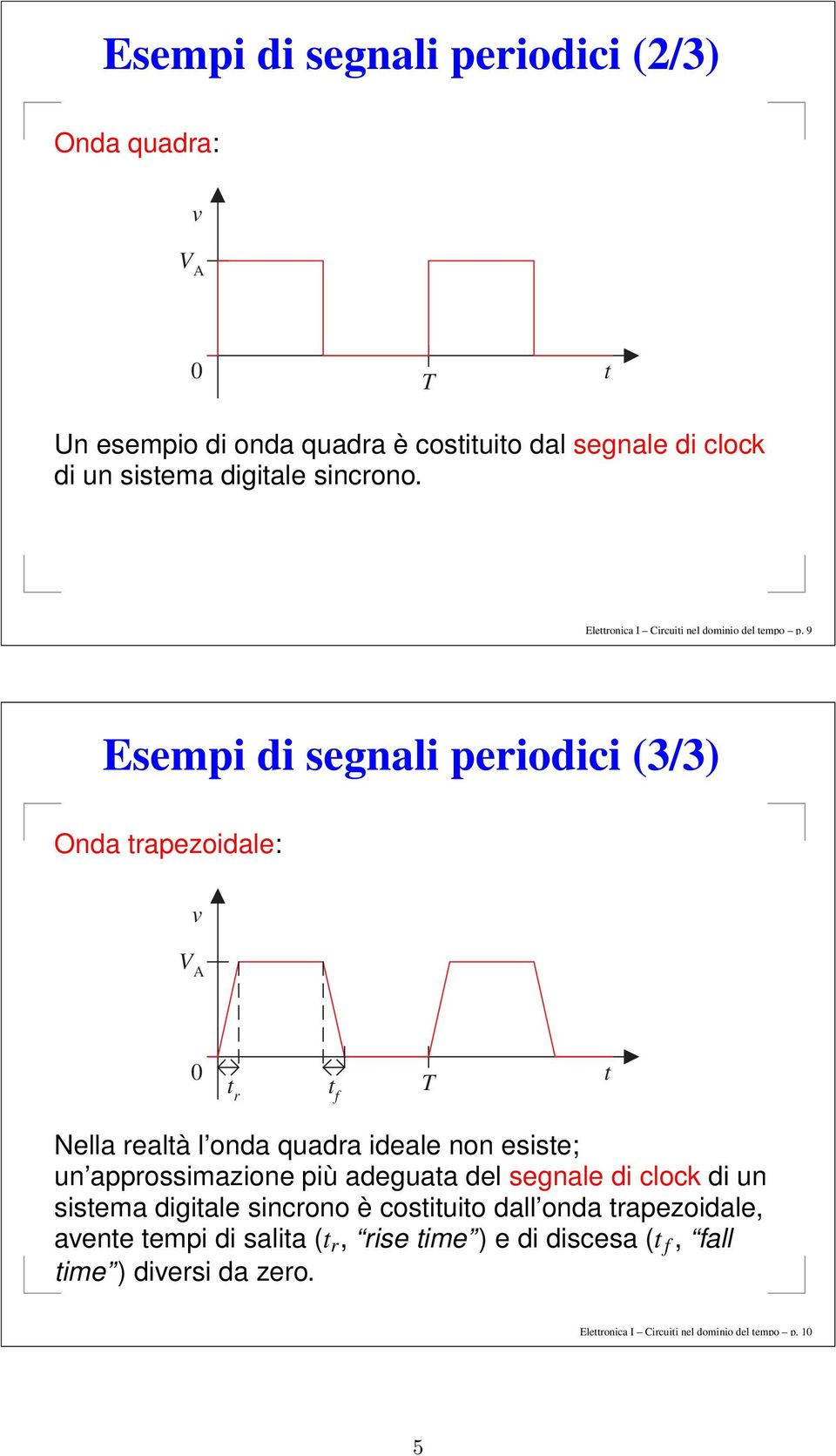 9 Esempi di segnali periodici (3/3) Onda trapezoidale: v V A t r t f t Nella realtà l onda quadra ideale non esiste; un approssimazione più