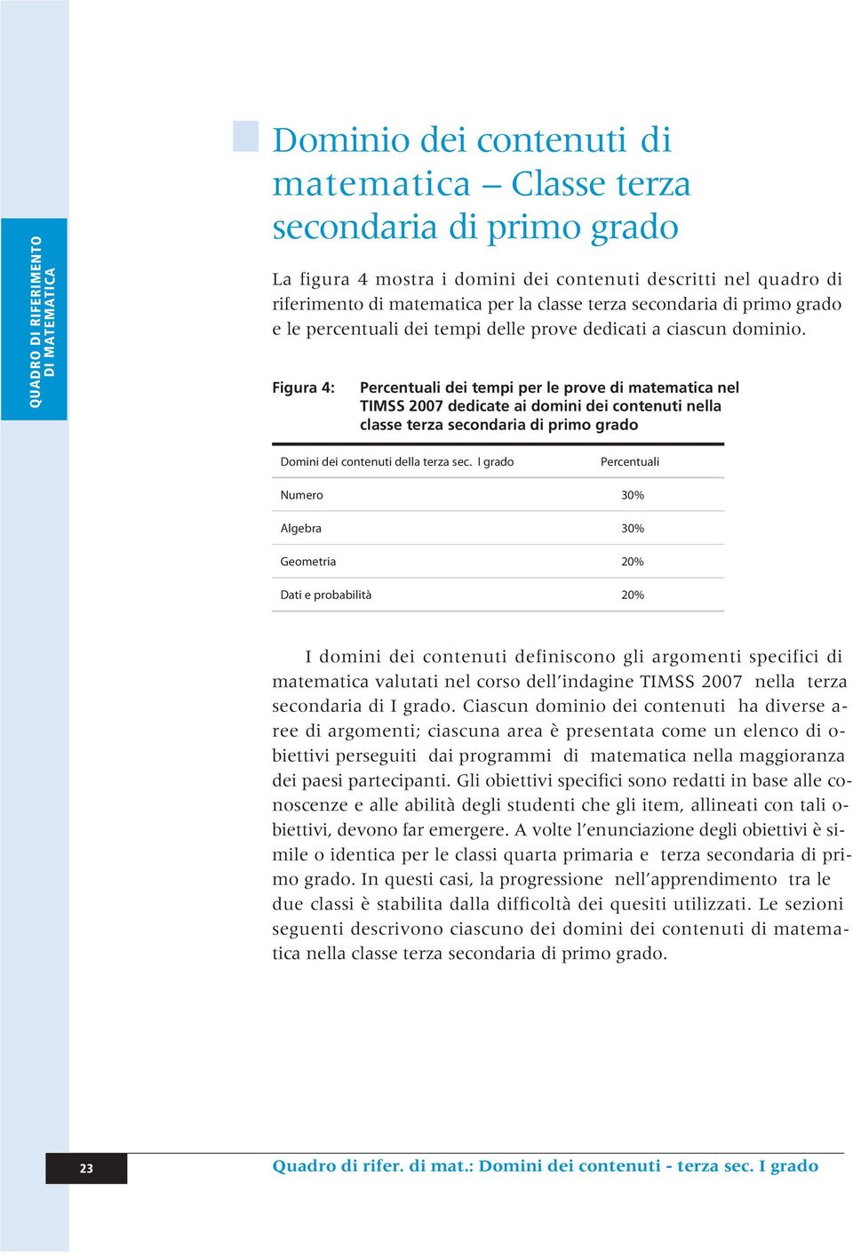 Figura 4: Percentuali dei tempi per le prove di matematica nel TIMSS 2007 dedicate ai domini dei contenuti nella classe terza secondaria di primo grado Domini dei contenuti della terza sec.