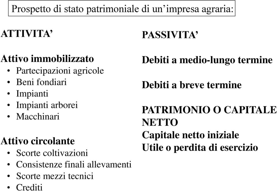 Consistenze finali allevamenti Scorte mezzi tecnici Crediti PASSIVITA Debiti a medio-lungo termine