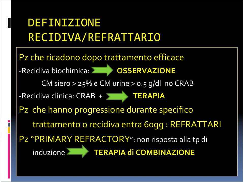 5 g/dl no CRAB -Recidiva clinica: CRAB + TERAPIA Pz che hanno progressione durante