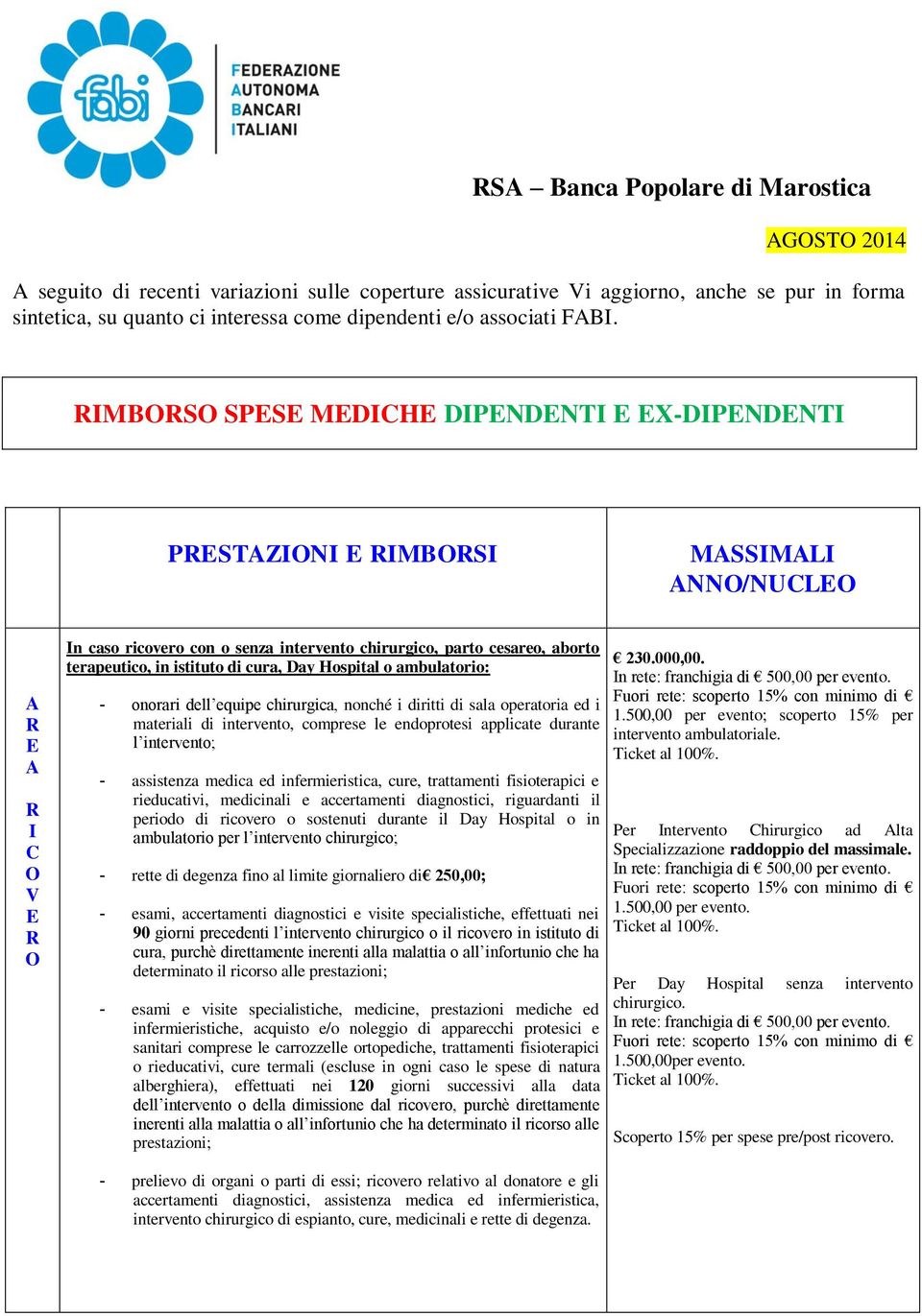 IMBS SPESE MEDICHE DIPENDENTI E EX-DIPENDENTI PESTAZINI E IMBSI MASSIMALI ANN/NUCLE A E A I C V E In caso ricovero con o senza intervento chirurgico, parto cesareo, aborto terapeutico, in istituto di