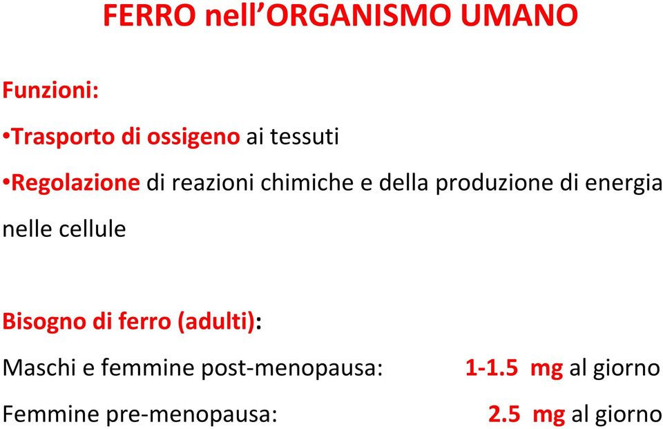 energia nelle cellule Bisogno di ferro (adulti): Maschi e femmine