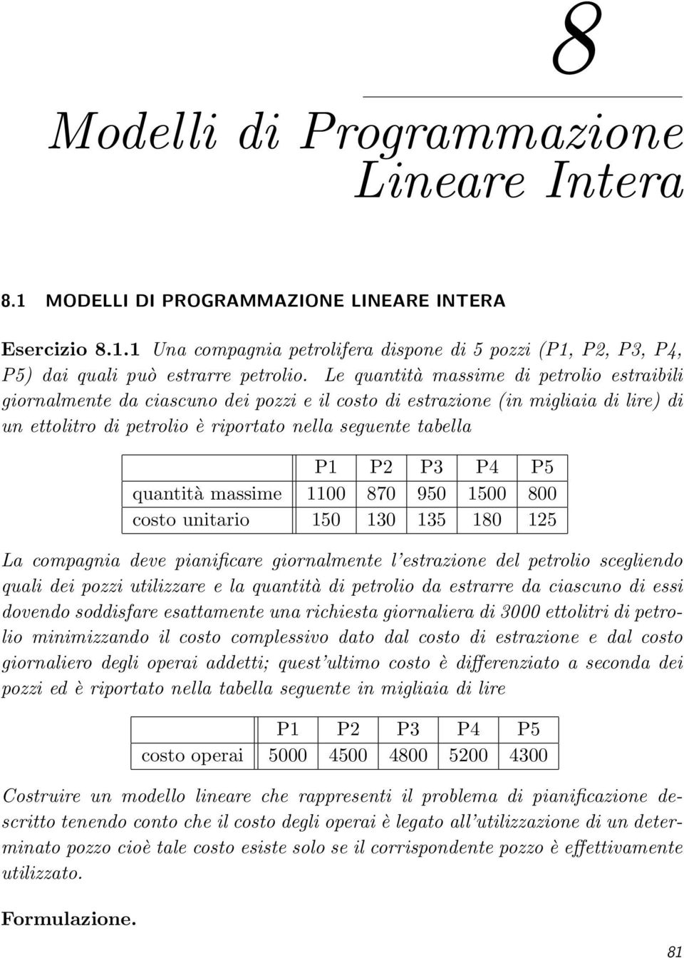 P5 quantità massime 1100 870 950 1500 800 costo unitario 150 130 135 180 125 La compagnia deve pianificare giornalmente l estrazione del petrolio scegliendo quali dei pozzi utilizzare e la quantità