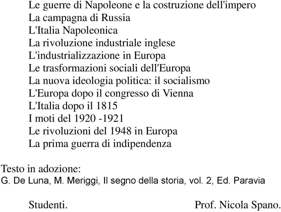 L'Europa dopo il congresso di Vienna L'Italia dopo il 1815 I moti del 1920-1921 Le rivoluzioni del 1948 in Europa La prima