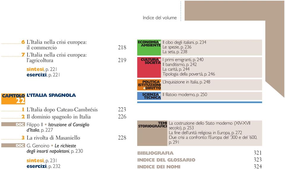 Genoino Le richieste degli insorti napoletani, p. 230 sintesi, p. 231 esercizi, p. 232 ECONOMIAe Il cibo degli italiani, p. 234 Le spezie, p. 236 La seta, p. 238 CULTURAe I primi emigranti, p.