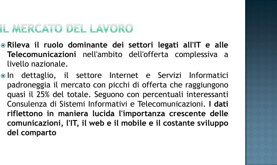 In dettaglio, il settore Internet e Servizi Informatici padroneggia il mercato con picchi di offerta che raggiungono quasi il