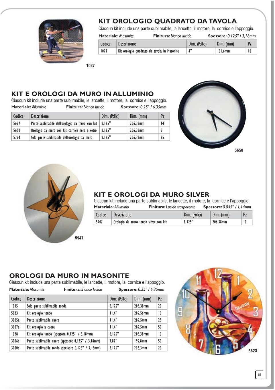 appoggio. Materiale: Alluminio Finitura: Bianco lucido Spessore: 0.25" / 6,35mm 5627 Parte sublimabile dell orologio da muro con kit 8.