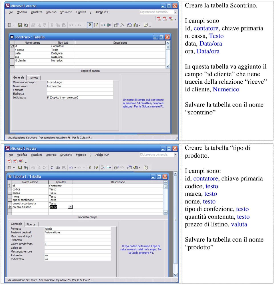 riceve id cliente, Numerico Salvare la tabella con il nome scontrino Creare la tabella tipo di prodotto.