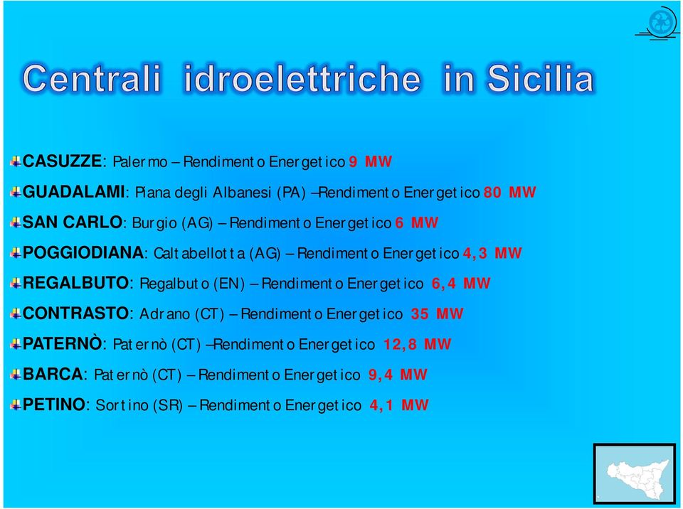 Regalbuto (EN) Rendimento Energetico 6,4 MW CONTRASTO: Adrano (CT) Rendimento Energetico 35 MW PATERNÒ: Paternò (CT)