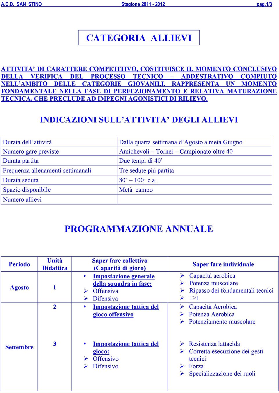 RAPPRESENTA UN MOMENTO FONDAMENTALE NELLA FASE DI PERFEZIONAMENTO E RELATIVA MATURAZIONE TECNICA, CHE PRECLUDE AD IMPEGNI AGONISTICI DI RILIEVO.