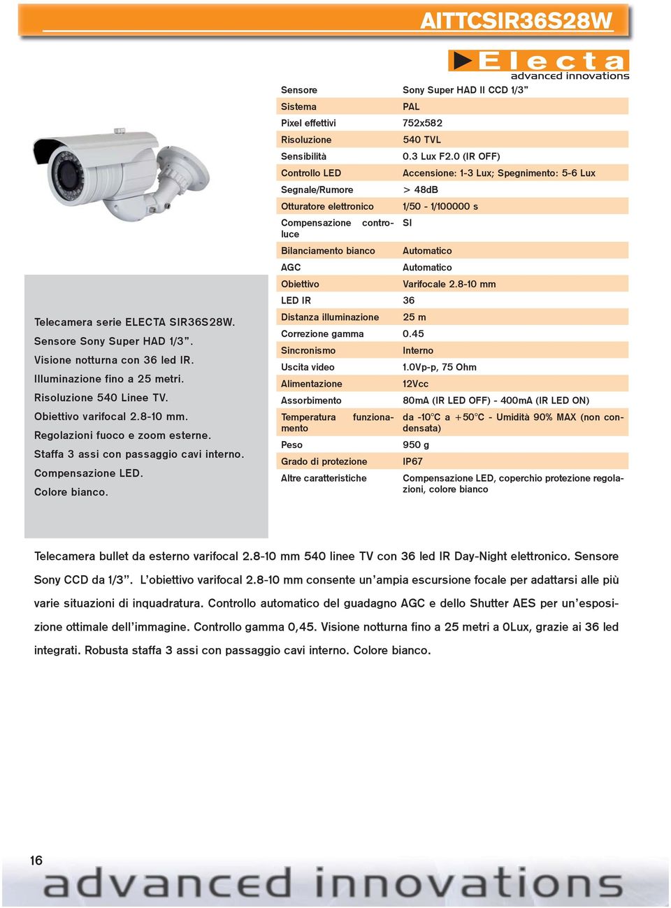 Electa Sensore Sony Super HAD II CCD 1/3 Sistema PAL Pixel effettivi 752x582 540 TVL Sensibilità 0.3 Lux F2.