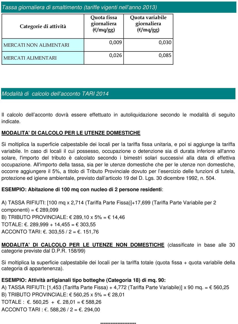 MODALITA' DI CALCOLO PER LE UTENZE DOMESTICHE Si moltiplica la superficie calpestabile dei locali per la tariffa fissa unitaria, e poi si aggiunge la tariffa variabile.