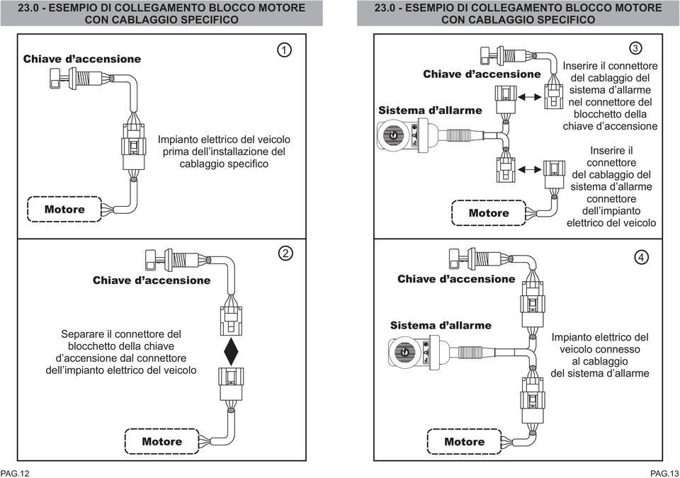 Sistema d allarme Motore 3 Inserire il connettore del cablaggio del sistema d allarme nel connettore del blocchetto della chiave d accensione Inserire il connettore del cablaggio del sistema d