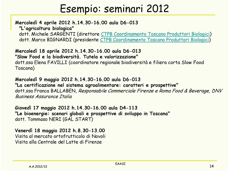 ssa Elena FAVILLI (coordinatore regionale biodiversità e filiera corta Slow Food Toscana) Mercoledì 9 maggio 2012 h.14.30-16.