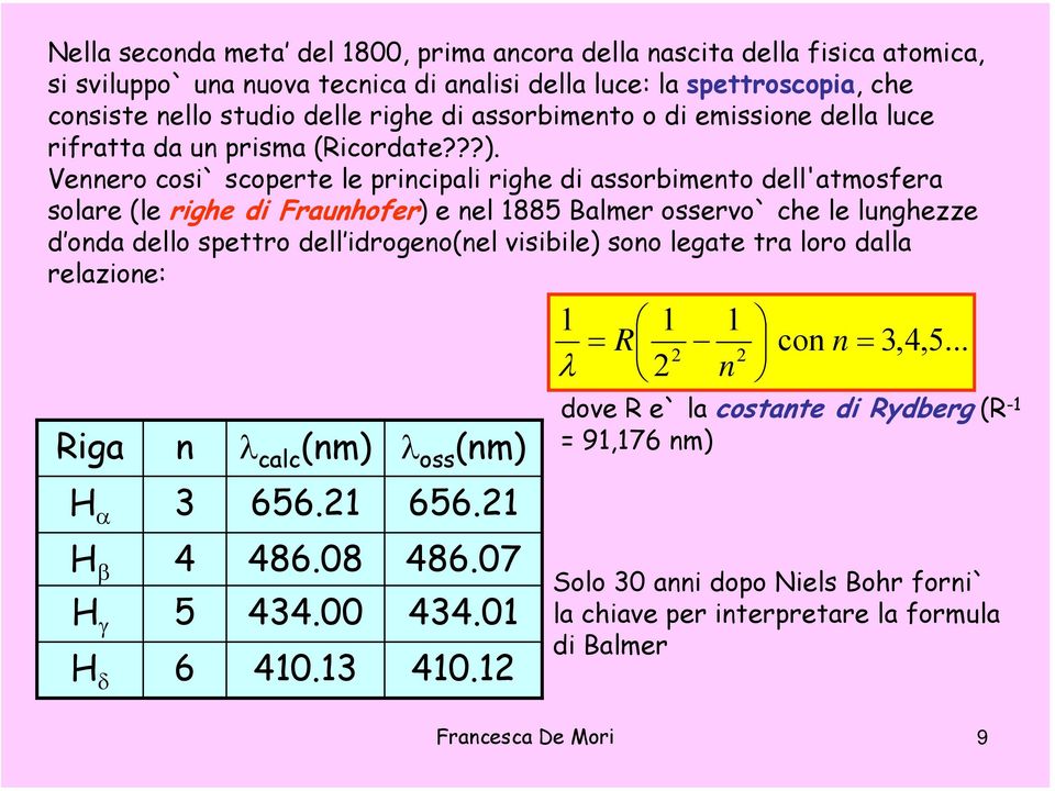 Vennero cosi` scoperte le principali righe di assorbimento dell'atmosfera solare (le righe di Fraunhofer) e nel 1885 Balmer osservo` che le lunghezze d onda dello spettro dell idrogeno(nel visibile)