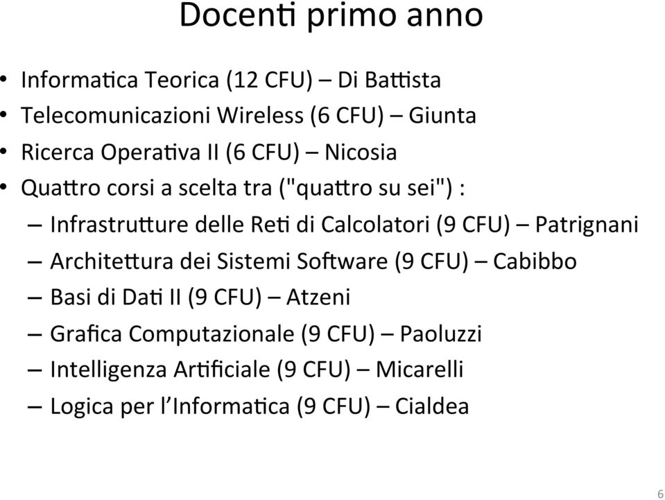 Calcolatori (9 CFU) Patrignani Archite0ura dei Sistemi SoYware (9 CFU) Cabibbo Basi di Da6 II (9 CFU) Atzeni