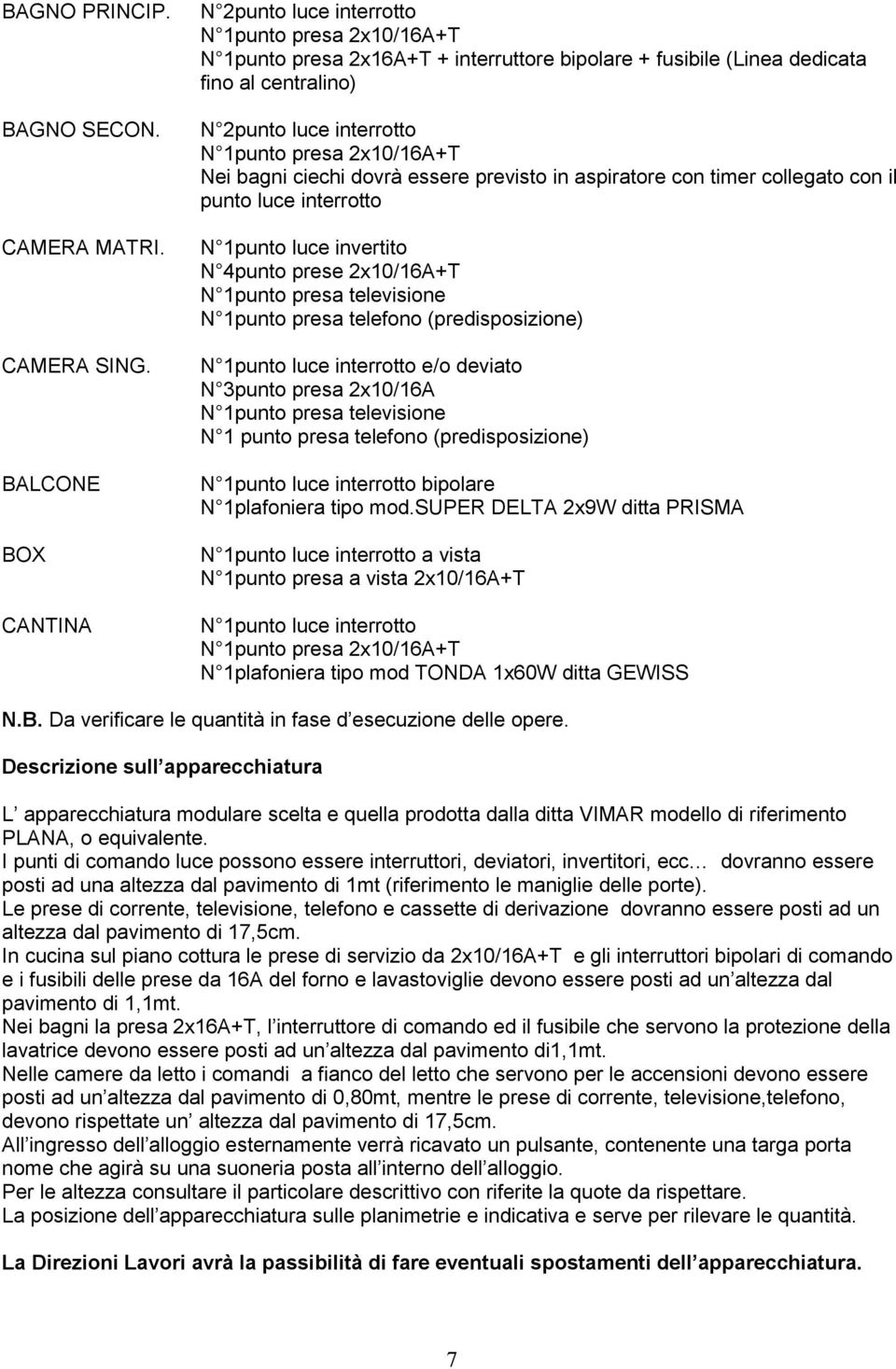 presa 2x10/16A+T Nei bagni ciechi dovrà essere previsto in aspiratore con timer collegato con il punto luce interrotto N 1punto luce invertito N 4punto prese 2x10/16A+T N 1punto presa televisione N