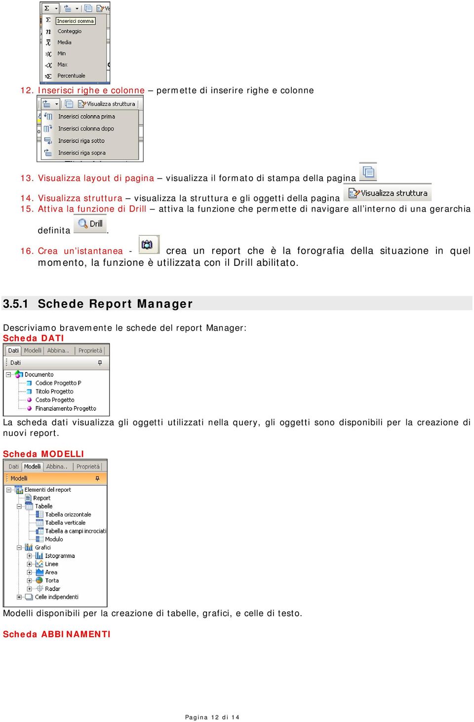 Crea un istantanea - crea un report che è la forografia della situazione in quel momento, la funzione è utilizzata con il Drill abilitato. 3.5.