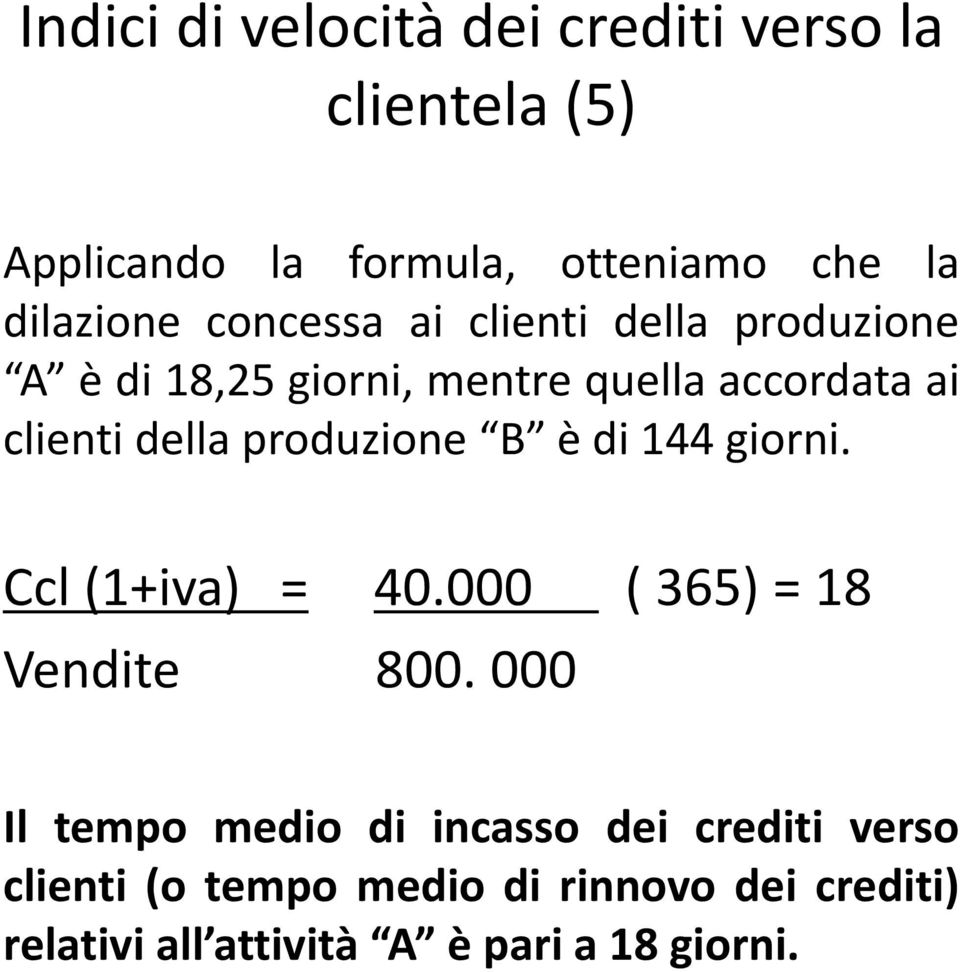 produzione B è di 144 giorni. Ccl (1+iva) = 40.000 ( 365) = 18 Vendite 800.