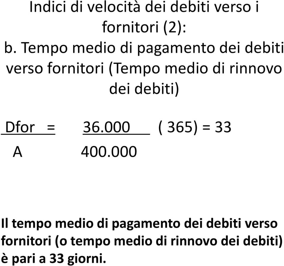 rinnovo dei debiti) Dfor = 36.000 ( 365) = 33 A 400.