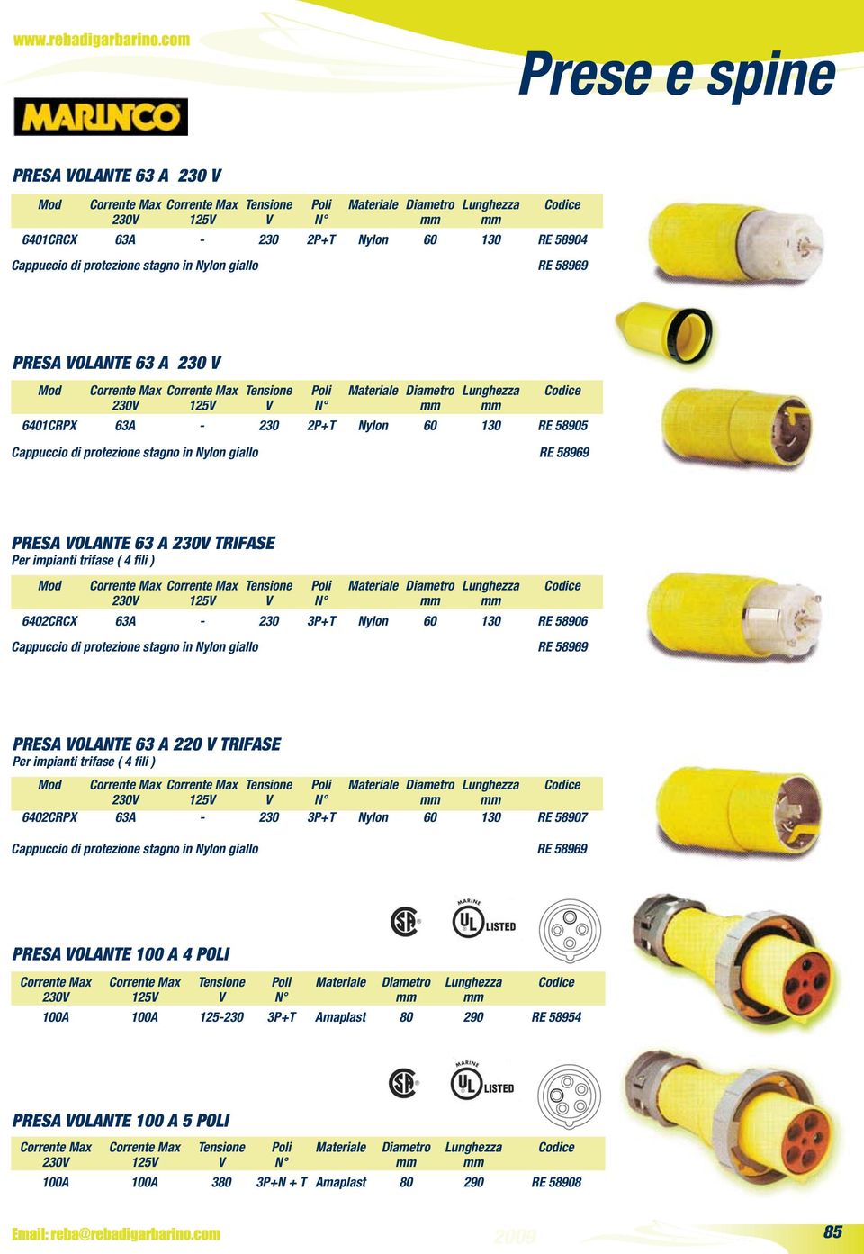 stagno in Nylon giallo RE 58969 Poli Materiale 6402CRCX 63-230 3P+T Nylon 60 130 RE 58906 PRES OLNTE 63 220 TRIFSE Per impianti trifase ( 4 fili ) Mod Poli Materiale 230 125 6402CRPX 63-230 3P+T