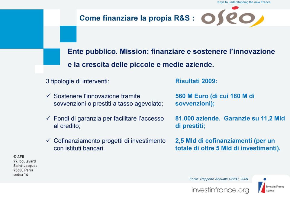 al credito; Cofinanziamento progetti di investimento con istituti bancari. Risultati 2009: 560 M Euro (di cui 180 M di sovvenzioni); 81.