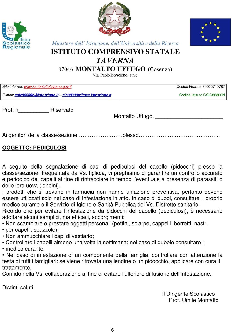 n Riservato Montalto Uffugo, Ai genitori della classe/sezione plesso.