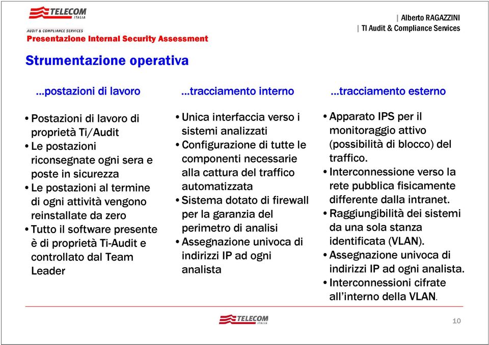 Configurazione di tutte le componenti necessarie alla cattura del traffico automatizzata Sistema dotato di firewall per la garanzia del perimetro di analisi Assegnazione univoca di indirizzi IP ad