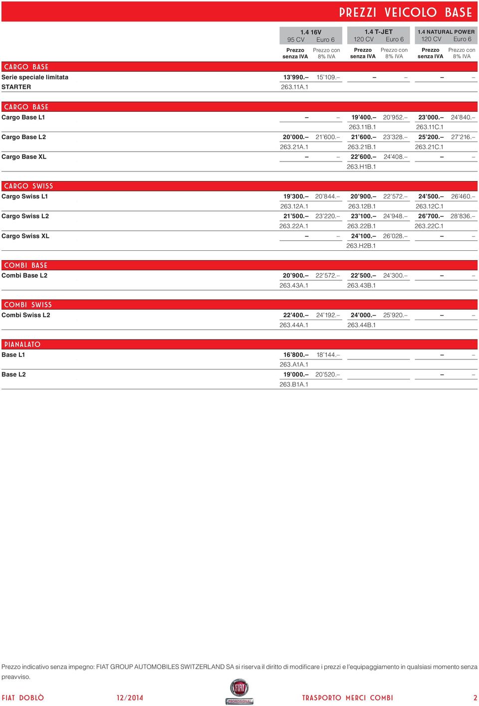 1 22 600. 24 408. 263.H1B.1 CARGO SWISS Cargo Swiss L1 Cargo Swiss L2 Cargo Swiss XL 19 300. 20 844. 20 900. 22 572. 24 500. 26 460. 263.12A.1 263.12B.1 263.12C.1 21 500. 23 220. 23 100. 24 948.