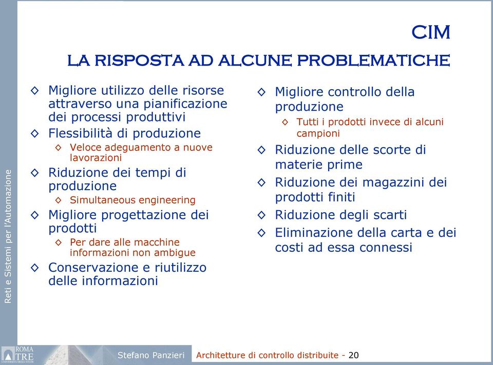 ambigue Conservazione e riutilizzo delle informazioni Migliore controllo della produzione Tutti i prodotti invece di alcuni campioni Riduzione delle scorte di materie