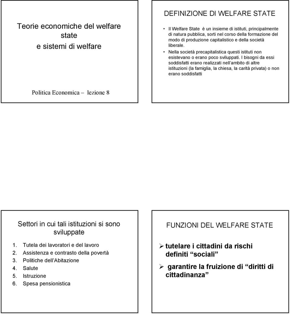 ambito di altre istituzioni (la famiglia, la chiesa, la carità privata) o non erano soddisfatti Politica Economica lezione 8 Settori in cui tali istituzioni si sono sviluppate 1 Tutela dei lavoratori