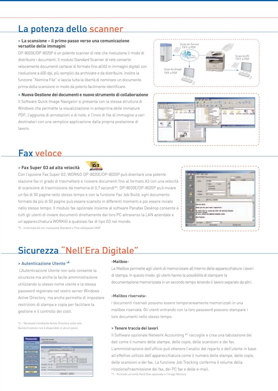 Scan-to-Server TIFF o PDF The Internet Scan-to-PC TIFF o PDF Fax veloce > Fax Super G3 ad alta