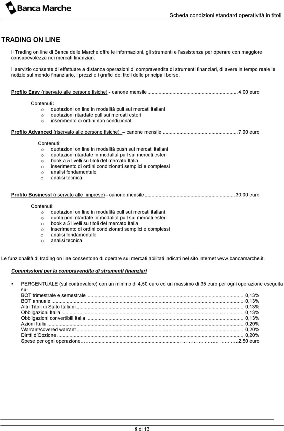 principali borse. Profilo Easy (riservato alle persone fisiche) - canone mensile.