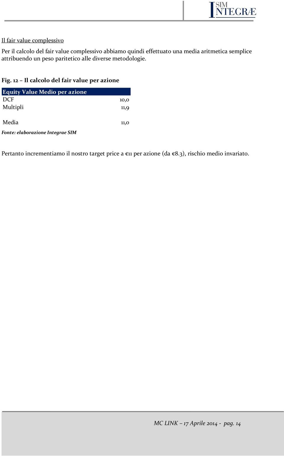 12 Il calcolo del fair value per azione Equity Value Medio per azione DCF 10,0 Multipli 11,9 Media 11,0 Fonte: