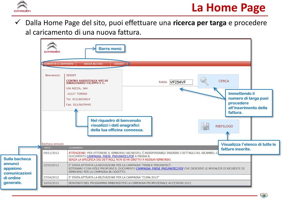 Barra menù Nel riquadro di benvenuto visualizzi i dati anagrafici della tua officina connessa.