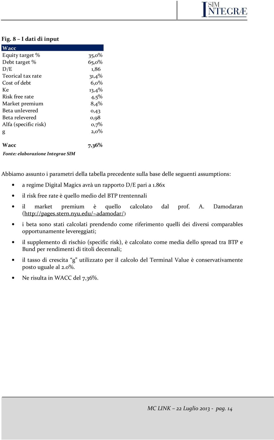 Digital Magics avrà un rapporto D/E pari a 1.86x il risk free rate è quello medio del BTP trentennali il market premium è quello calcolato dal prof. A. Damodaran (http://pages.stern.nyu.