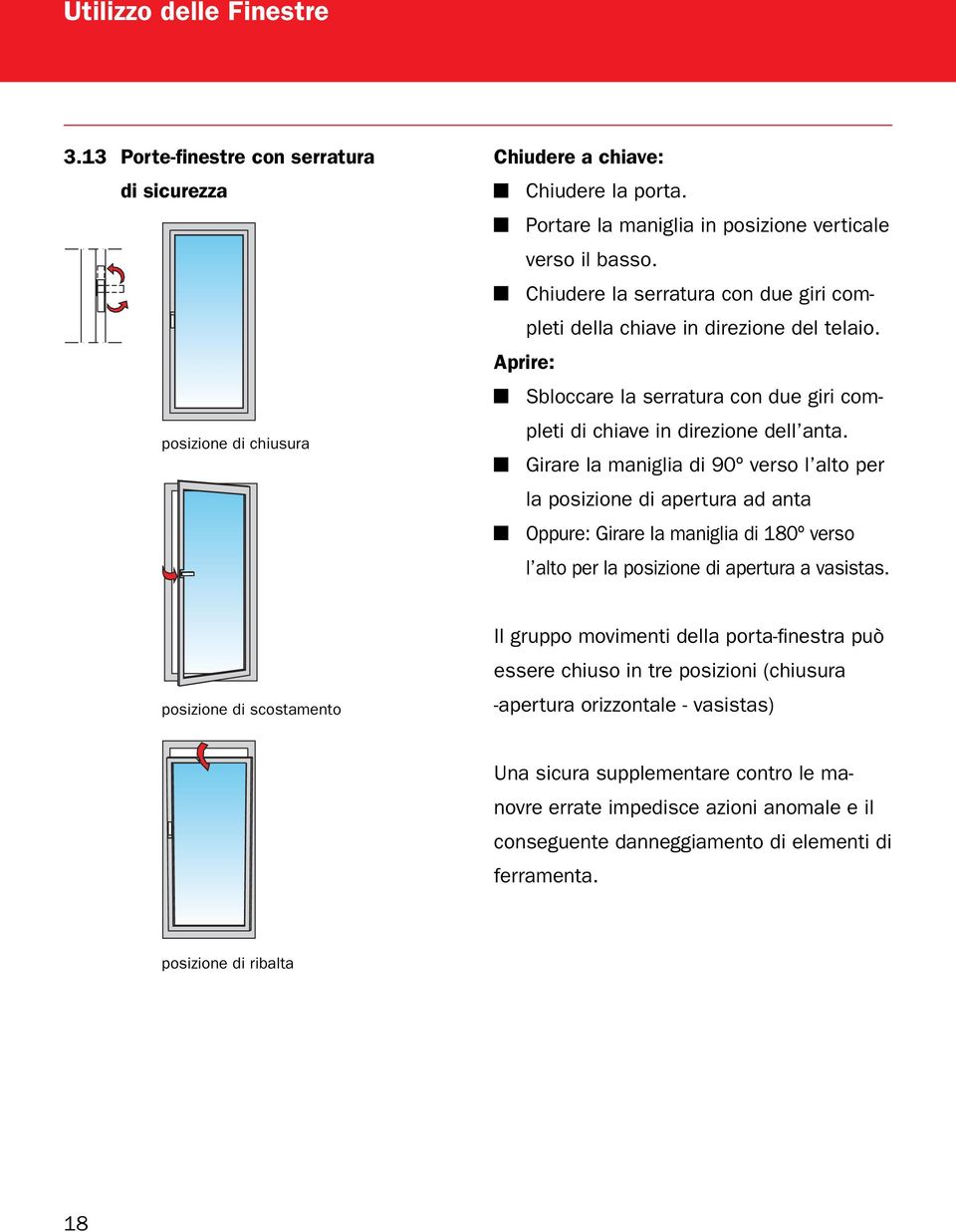 Girare la maniglia di 90º verso l alto per la posizione di apertura ad anta Oppure: Girare la maniglia di 180º verso l alto per la posizione di apertura a vasistas.