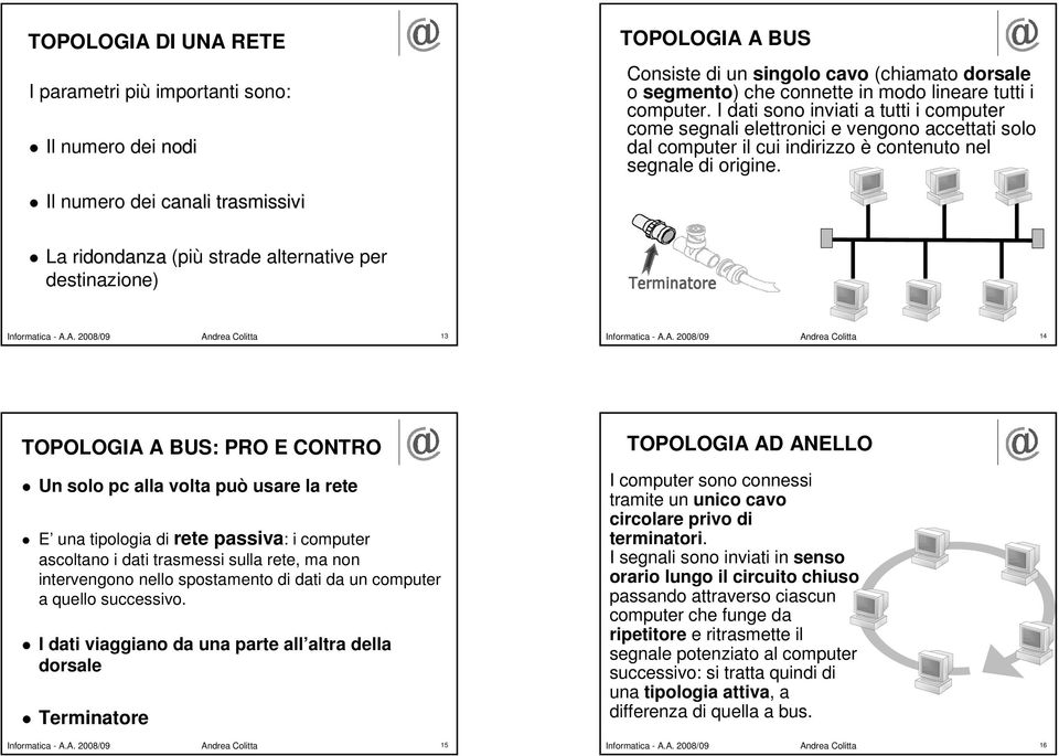 Il numero dei canali trasmissivi La ridondanza (più strade alternative per destinazione) 13 14 TOPOLOGIA A BUS: PRO E CONTRO Un solo pc alla volta può usare la rete E una tipologia di rete passiva: i