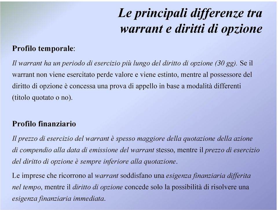 Profilo finanziario Il prezzo di esercizio del warrant è spesso maggiore della quotazione della azione di compendio alla data di emissione del warrant stesso, mentre il prezzo di esercizio del