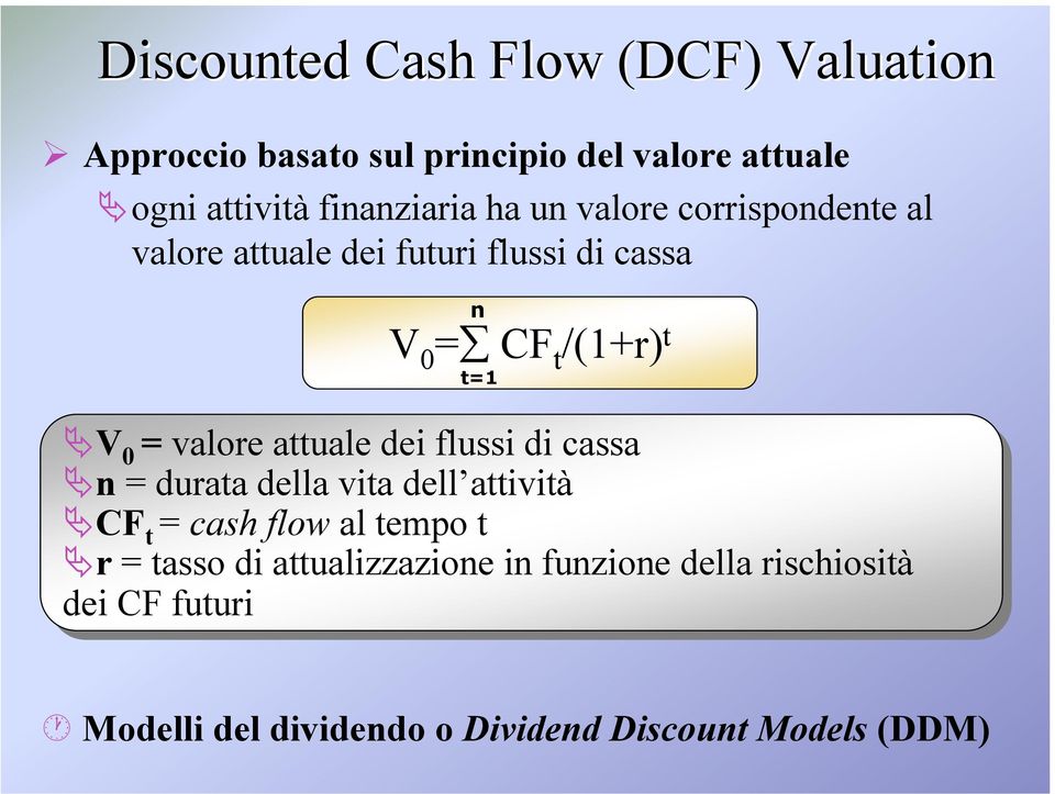 dei dei flussi di di cassa n = durata della vita dell attività CF t t = cash flow al al tempo tt r = tasso di di