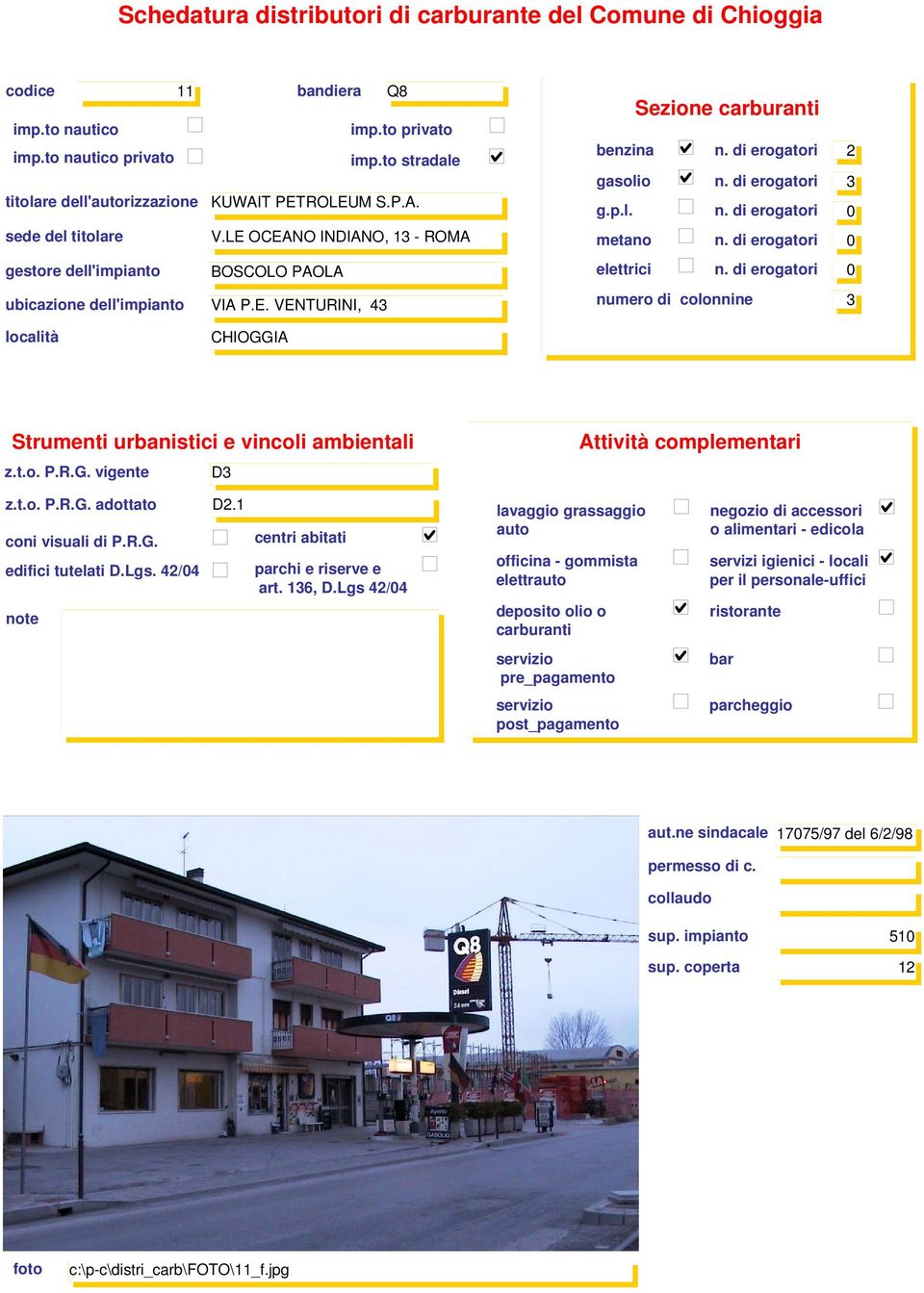 di erogatori 2 gasolio n. di erogatori 3 numero di colonnine 3 CHIOGGIA D3 z.t.o. P.R.G. adottato D2.