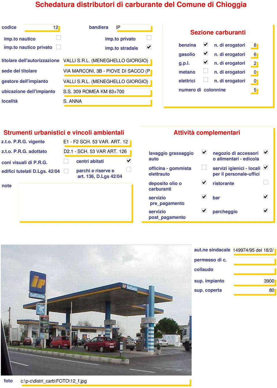 S. 309 ROMEA KM 83+700 Sezione benzina n. di erogatori 8 gasolio n. di erogatori 6 n. di erogatori 2 numero di colonnine 5 S.