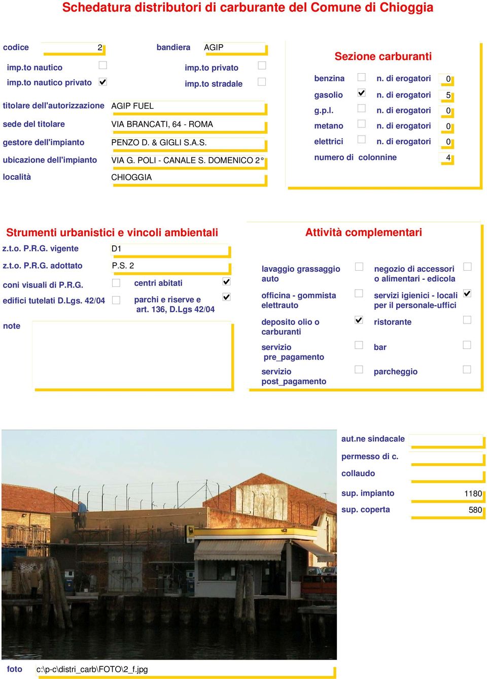 DOMENICO 2 Sezione benzina gasolio n. di erogatori 5 numero di colonnine 4 CHIOGGIA D1 z.t.o. P.