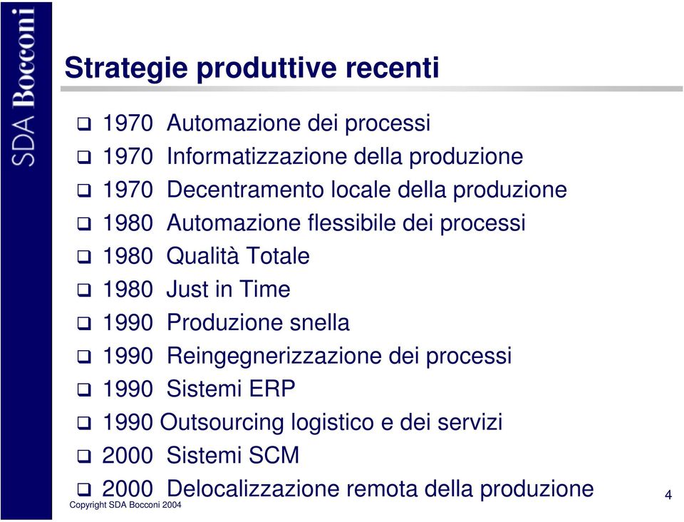 Totale 1980 Just in Time 1990 Produzione snella 1990 Reingegnerizzazione dei processi 1990 Sistemi