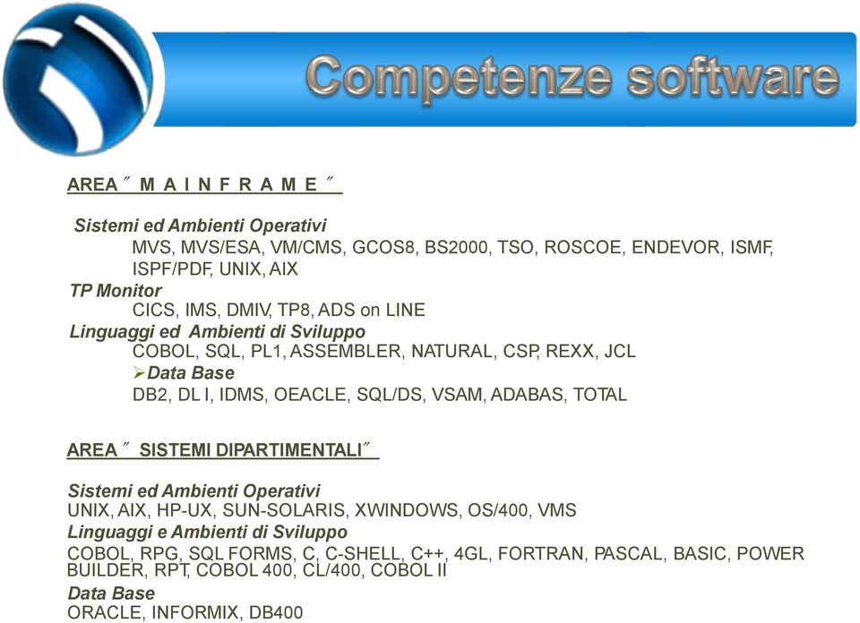 VSAM, ADABAS, TOTAL AREA " SISTEMI DIPARTIMENTALI" Sistemi ed Ambienti Operativi UNIX, AIX, HP-UX, SUN-SOLARIS, XWINDOWS, OS/400, VMS Linguaggi e Ambienti di