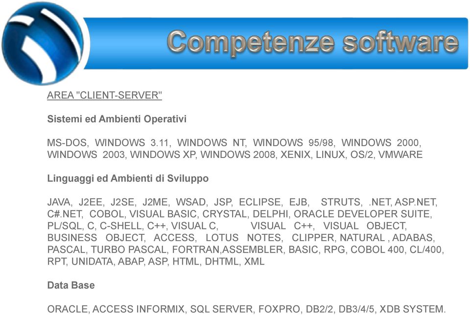 WSAD, JSP, ECLIPSE, EJB, STRUTS,.NET, ASP.NET, C#.