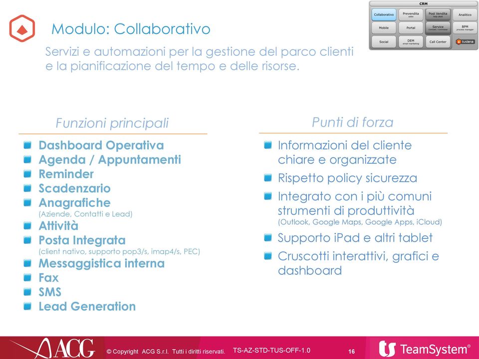 nativo, supporto pop3/s, imap4/s, PEC) Messaggistica interna Fax SMS Lead Generation Punti di forza Informazioni del cliente chiare e organizzate Rispetto