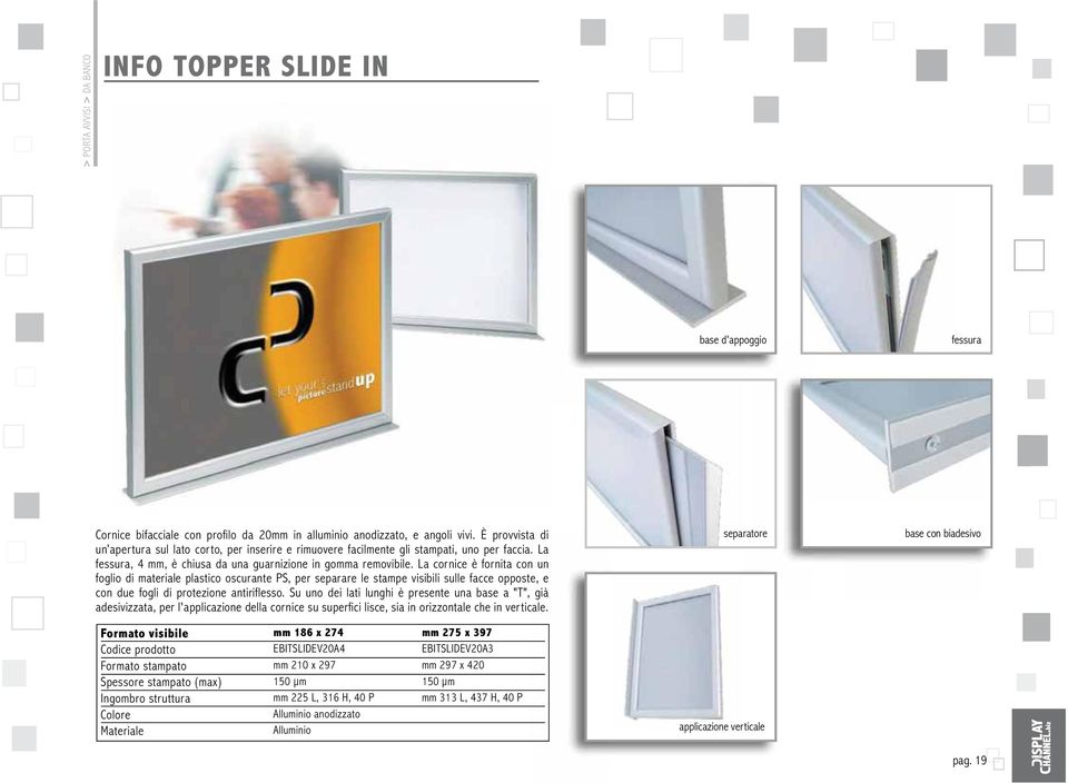 La cornice è fornita con un foglio di materiale plastico oscurante PS, per separare le stampe visibili sulle facce opposte, e con due fogli di protezione antiriflesso.