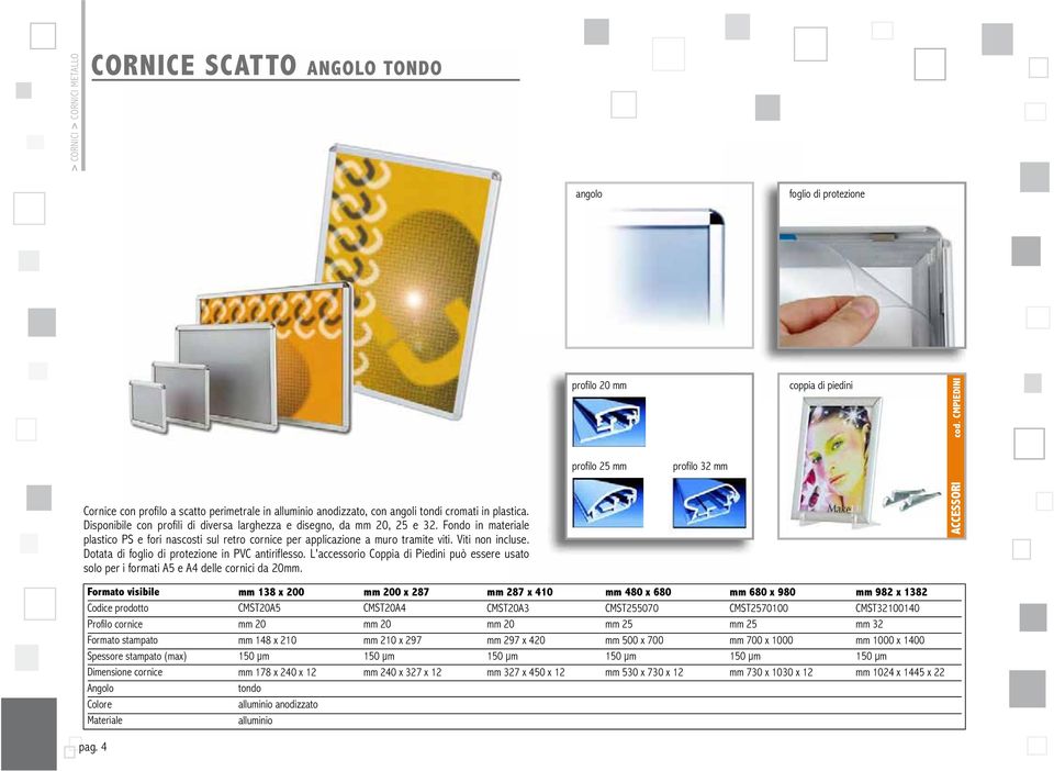 Dotata di foglio di protezione in PVC antiriflesso. L'accessorio Coppia di Piedini può essere usato solo per i formati A5 e A4 delle cornici da 20mm.